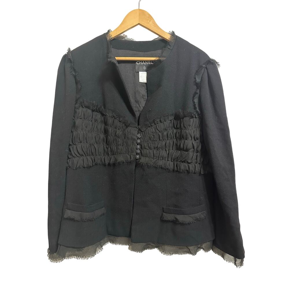 Chanel women's black chiffon trim jeweled wool blazer size 50 - Picture 1 of 13